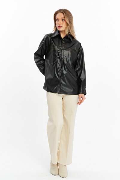 Grenj Fashion Black Contrast Stitching Faux Leather Shirt