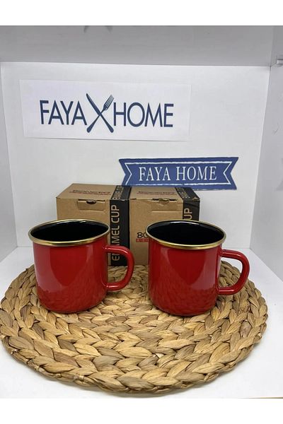 FAYA HOME مجموعة من 2 كوب أحمر من الزنك المطلي بالمينا سعة 550 مل