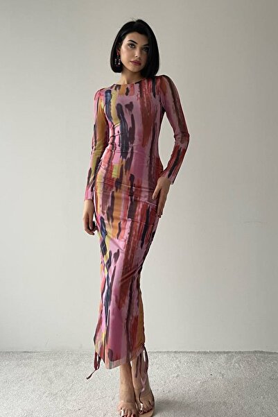 WOMAN VISION Tulle Dress with Digital Print and Drawstring Detail - Adjustable Length, Lining 325