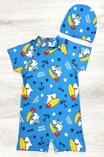 My Kids Wear Costum de baie cu bonetă, fermoar de plajă, salopetă de protecție solară pentru băieți