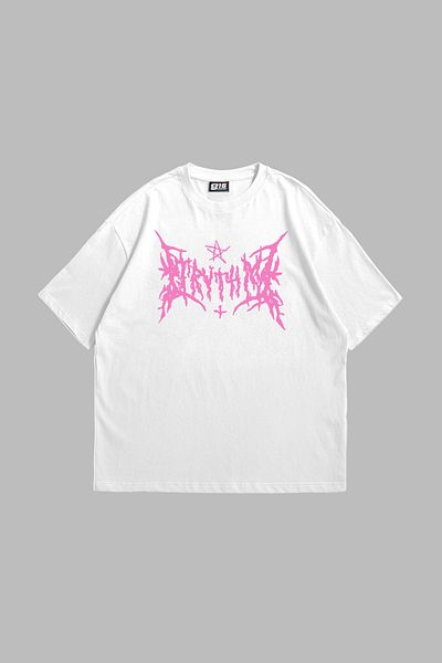 Sekizbiraltı Unisex Oversize Λευκό T-Shirt - Ροζ γοτθικό εμπριμέ
