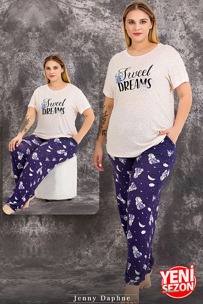 Jenny Daphne Set de pijamale cu mânecă scurtă cu imprimeu de noapte Lady Plus Size 10978
