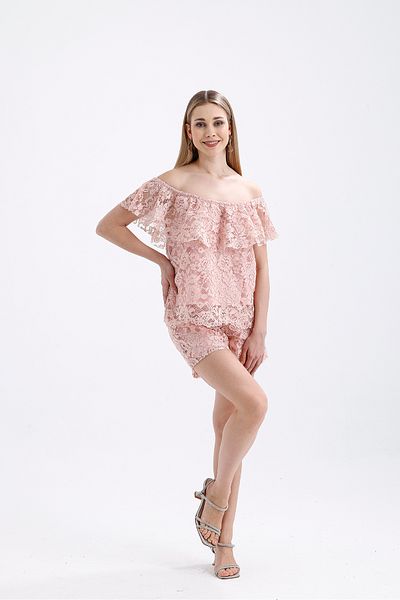 Sense Lined Lace Shorts and Blouse Set |   Tkmt33683 Powder