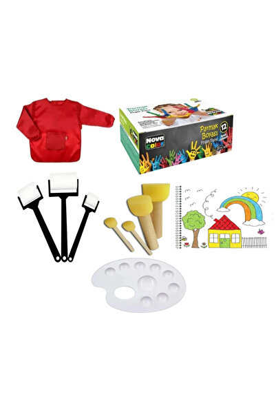 TİFOYS Parmak Boyama Seti , Resim Defteri , Palet, Rulo, Tampon Fırça, Boyama Önlüğü, 12 Renk Parmak Boyası