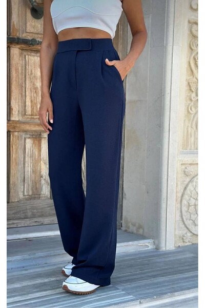 FEMİNEER.com Women's Knitted Fabric Palazzo Velcro Navy Blue Trousers