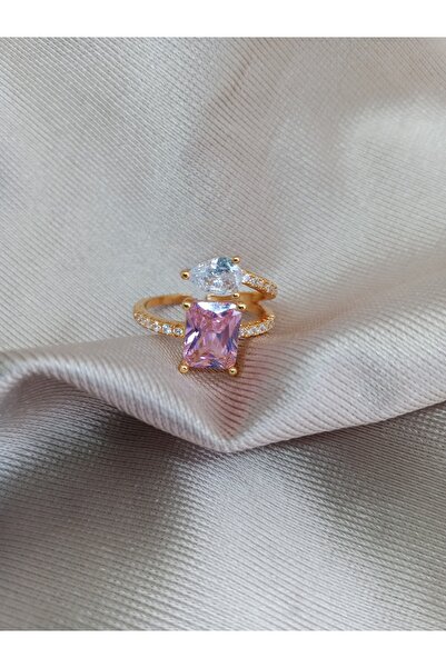 Pervin Ablacım Double Gold Adjustable Ring with Pink and White Stones