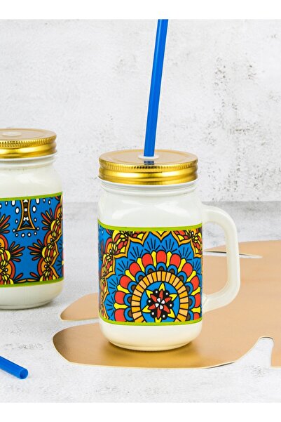 HIC Colored Glass Mug With Straw Set 450 ml 6 Pieces
