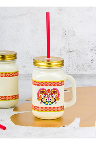 HIC Colored Glass Mug With Straw Set 450 ml 6 Pieces