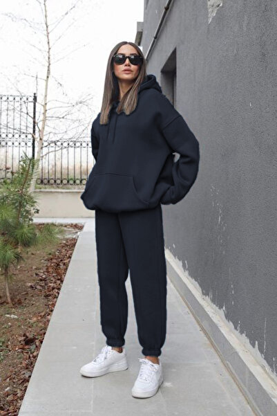 YAKAMEL Γυναικείο σετ αθλητικής φόρμας oversize με κουκούλα και ελαστικά μανίκια