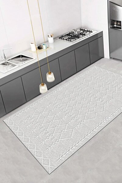 Hevia Home Makinede Yıkanabilir Kaymaz Taban Gri Mutfak Halısı Oturma Odası Y...