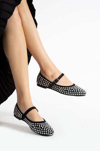 BURCU COLLECTİON Stone Women's Ballet Shoes with Buckle