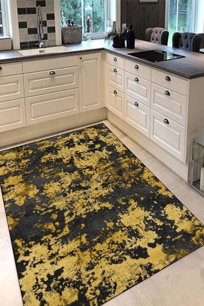 Hevia Home Makinede Yıkanabilir Kaymaz Taban Sarı Siyah Renkli Mutfak Halısı ...