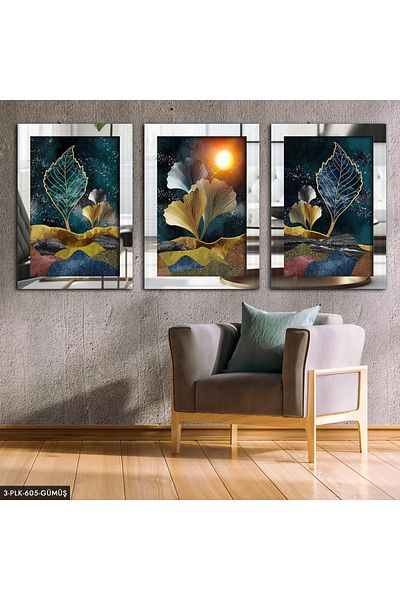 Evinemoda Pictură în oglindă din plexiglas cu flori abstracte din argint 3 piese