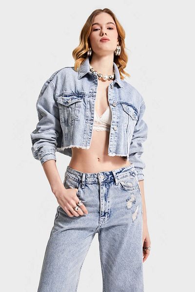 its basic Blugi de damă Reng 3S565 Jachetă de denim crop cu mâneci brodate