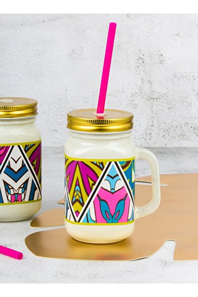 HIC Colored Glass Mug With Straw Set 450 ml 6 Pieces