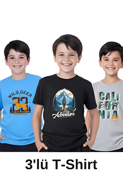 panios kids Pachet de 3 tricouri cu mânecă scurtă pentru băieți cu imprimeu A...