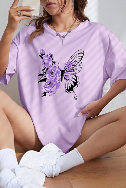 NO 601 Tricou oversize pentru femei, cu imprimeu cu fluturi liliac