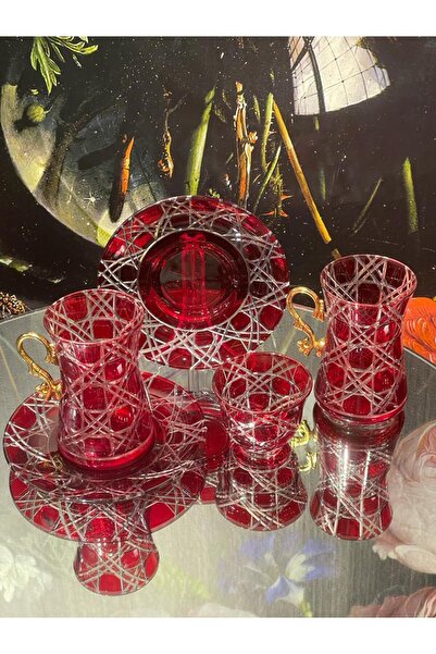 Lemm Home Ekose Kesme Kulplu 18 parça Çay Seti Kırmızı