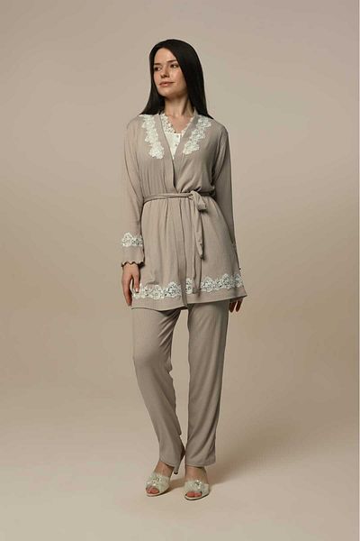 Pelin Women's Gray Lace Ribbed Maternity Maternity 3-Piece Pajamas Set