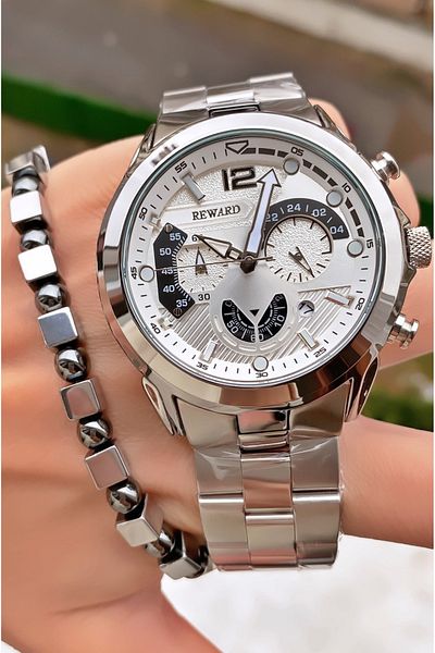 Reward Brand Silver Color Inner Functions Active Men's Wrist Watch - Bracelet Gift