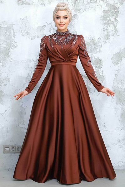 Neva Style Beaded Brown Hijab Satin Evening Dress 4433Kh