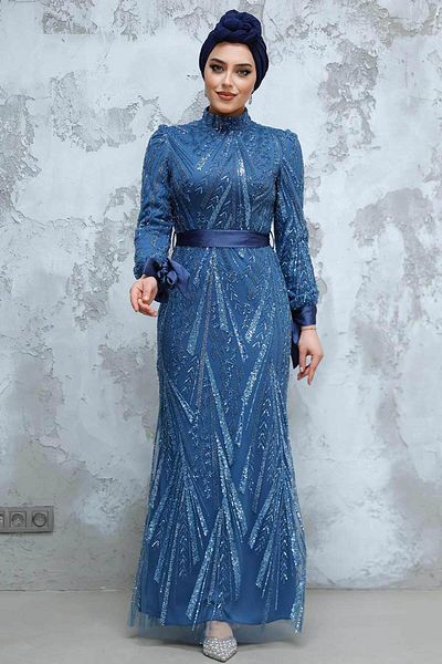 Neva Style Beaded Indigo Blue Hijab Evening Dress 47631ım