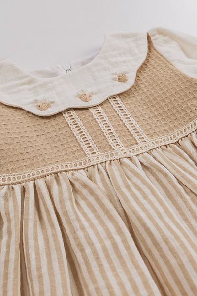 Bombili Floral Embroidered Collar Bag Striped Muslin Fabric Special Occasion Baby Girl Dress
