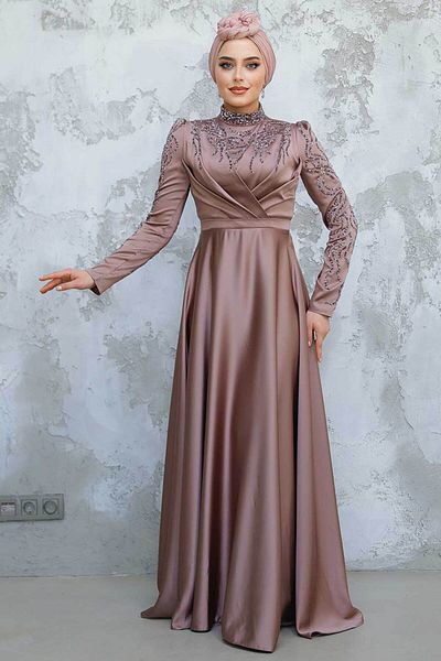Neva Style Beading Embroidered Dusty Rose Hijab Satin Evening Dress 4433Gk