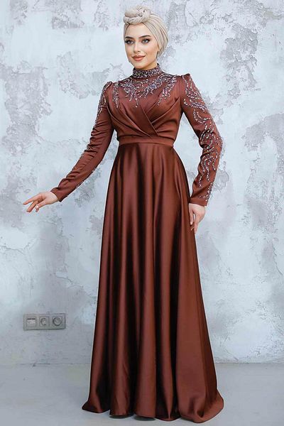 Neva Style Beaded Brown Hijab Satin Evening Dress 4433Kh