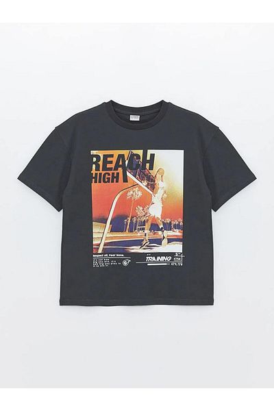 LC Waikiki Детска тениска с кръгло деколте LCW Kids Anthracite Oversize за момче