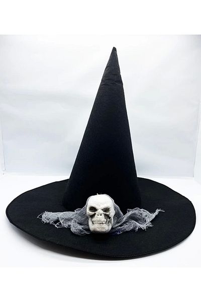 Belle Fusion Black Color Gray Veiled Skull Themed Witch Hat 35x38 Cm