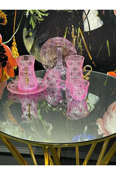 Lemm Home Ekose Kesme Kulplu 18 parça Çay Seti Pembe