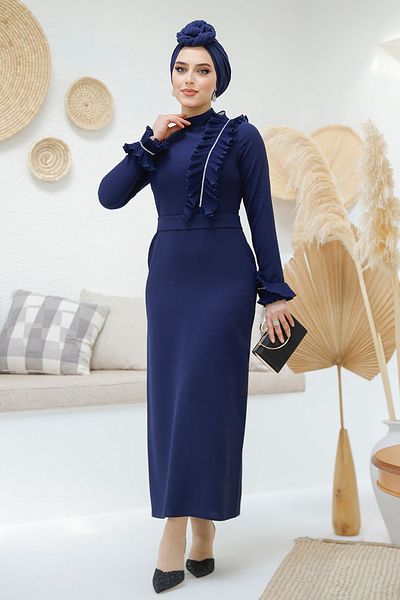 Neva Style Ruffle Detailed Navy Blue Hijab Evening Dress 46331L