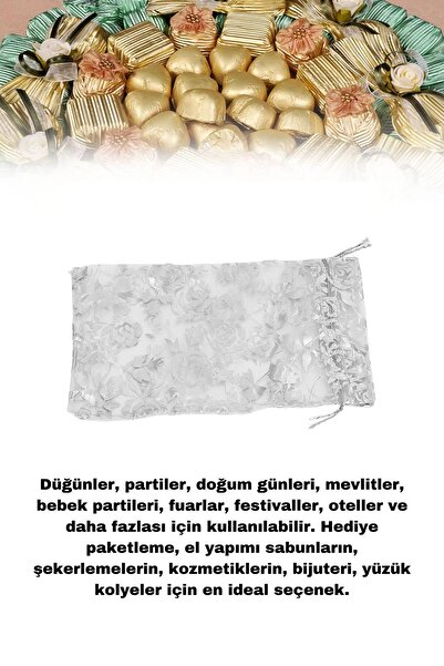 Melien 20 Ad 14 Cm X 12 Cm Şeffaf Gümüş Bez Kına Düğün Mevlit Sünnet Tespih Çerez Hediye Kesesi Kese Çanta