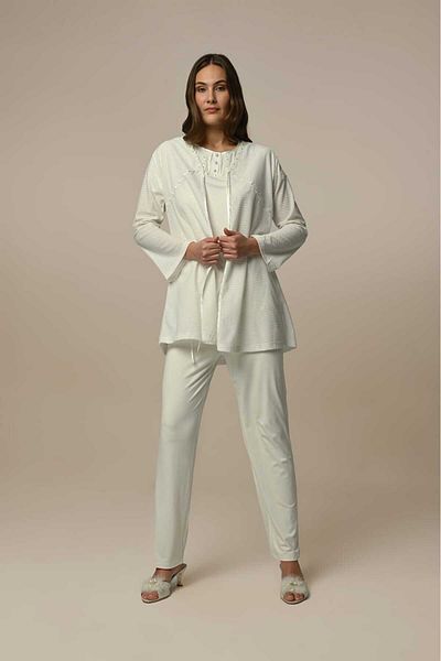 Pelin Women's Ecru Lace Maternity 3-Piece Pajamas Set