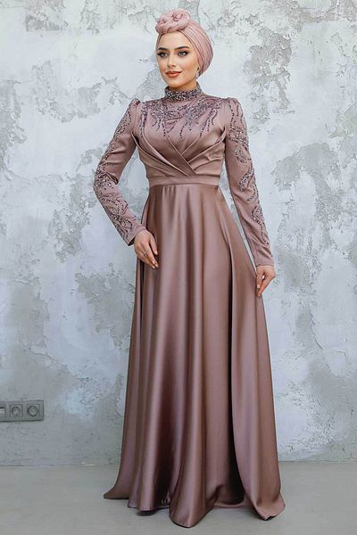 Neva Style Beading Embroidered Dusty Rose Hijab Satin Evening Dress 4433Gk