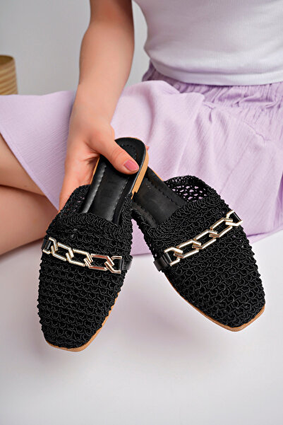 diya shoes Women's Stoned Slippers Closed Front Straw Lace Knitted Dowry Daily Sandals