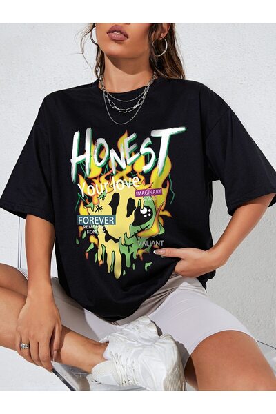 donamod Tricou oversize cu desene animate și design grafic Seria Cartoon/Lett...