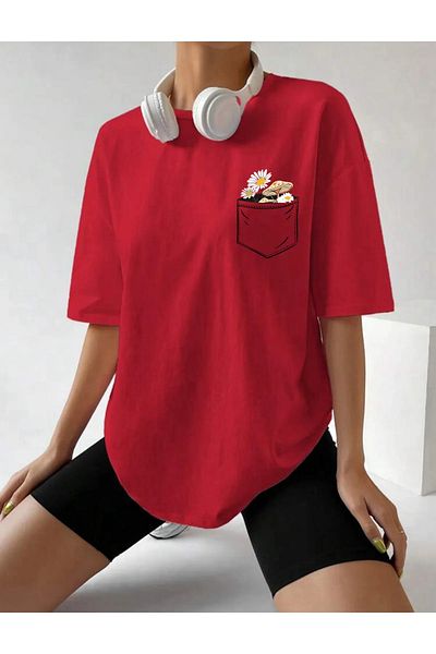 NO 601 Women's Red Pocket Floral Printed Trend Oversize Tshirt