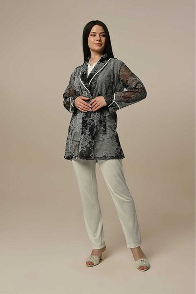 Pelin Women's Ecru Chiffon Lace Printed Maternity Maternity 3-Piece Pajamas Set