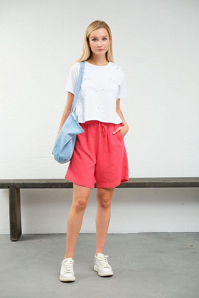 Maule Koralle 100 % Baumwoll-Musselin-Stoff, bequem geschnittene, elastische Damen-Shorts mit Schnürung und Taschen @las Palmas