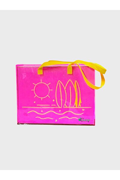 Beach Time Pembe Pvc Baskılı Plaj Çantası