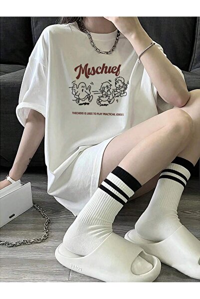 donamod Tricou oversize cu desene animate și design grafic Seria Cartoon/Lett...