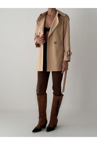 BUTİK ELAJ Women's Beige Short Belted Trench Coat