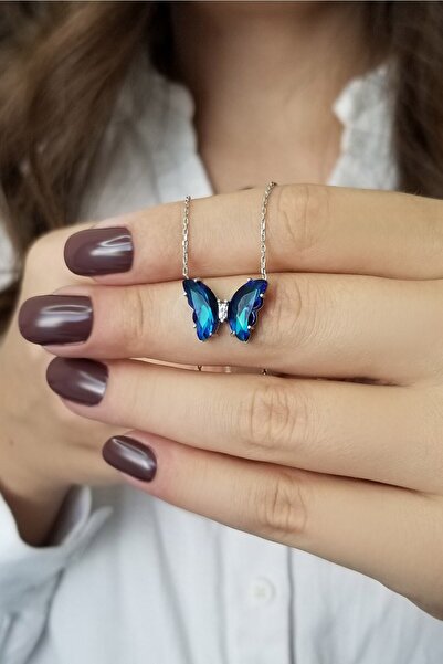 Parmas Design Kelebek Özel Mavi Taş Işlemeli 925 Ayar Kadın Kolye