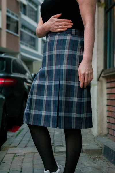 modayiğit Pileli Dokuma Kumaş Ekose Desenli Midi Etek