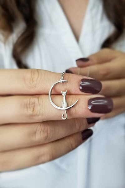 Parmas Design Kadın Kedi ve Hilal Tasarım 925 ayar Gümüş Kolye