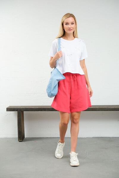 Maule Mercan %100 Pamuk Müslin Kumaş Rahat Kesim Bağcıklı Lastikli Cepli Kadın Şort @las Palmas