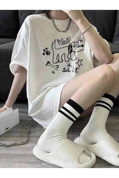 donamod Tricou oversize cu desene animate și design grafic Seria Cartoon/Lett...