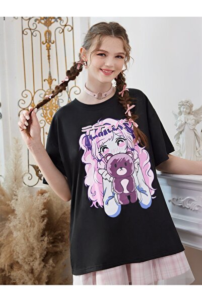 donamod Tricou oversize cu desene animate și design grafic Seria Cartoon/Lett...